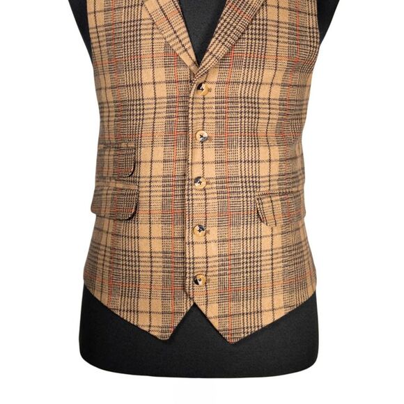 Mens Plaid Wool Vest 42R Tan Orange Waistcoat Wedding Prom Party Formal Casual - Picture 5 of 10